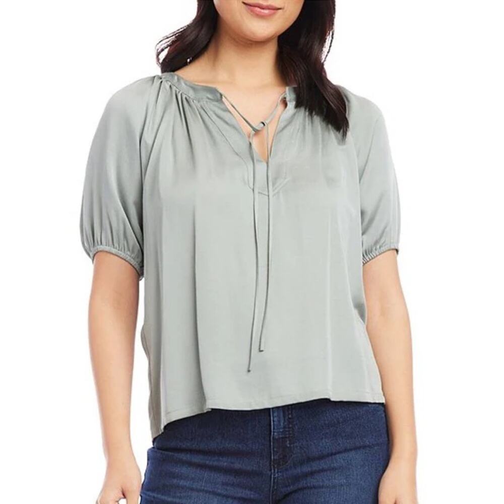 Karen Kane Boho satin tie neck peasant top sage green - XS